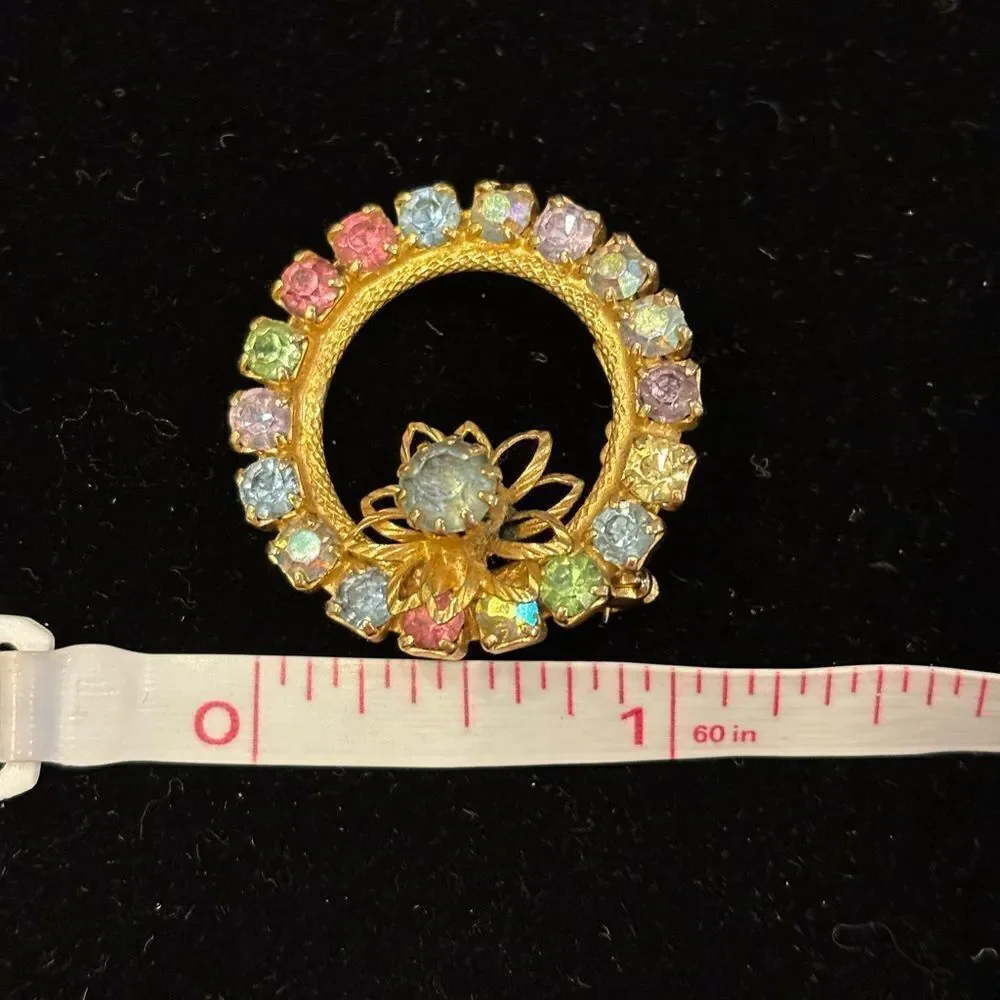 Vintage Multicolored Gemstone Circle Brooch Gold Tone